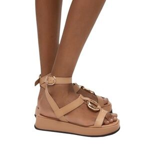 New ZARA Leather Embellished Flatform Leather Sandals Nude Size 40 Or 9